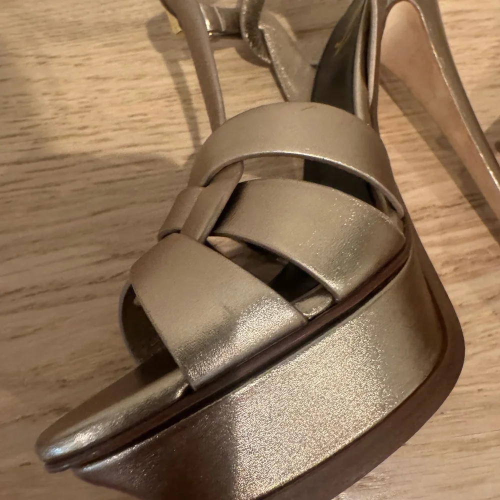 Saint Laurent Metallic Bronze Braided T-Strap Platform Sandals - Picture 6 of 16